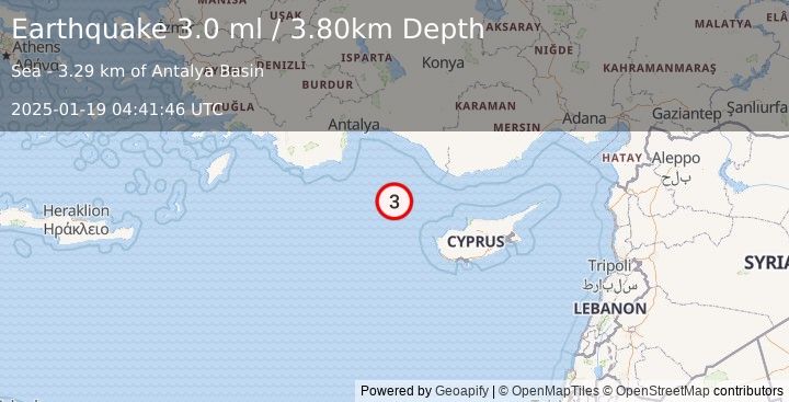 Earthquake CYPRUS REGION (3.0 ml) (2025-01-19 04:41:46 UTC)