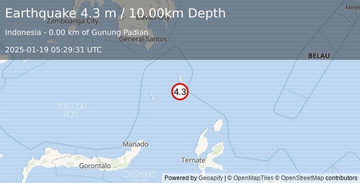 Earthquake KEPULAUAN TALAUD, INDONESIA (4.3 m) (2025-01-19 05:29:31 UTC)