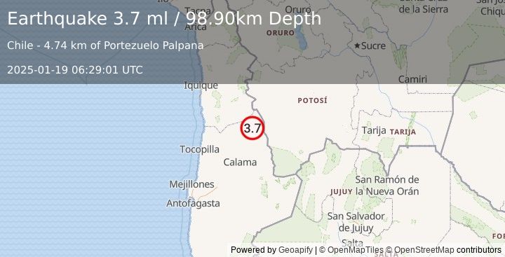 Earthquake ANTOFAGASTA, CHILE (3.7 ml) (2025-01-19 06:28:59 UTC)