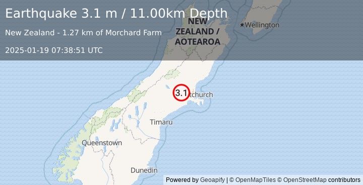 Earthquake SOUTH ISLAND OF NEW ZEALAND (3.1 m) (2025-01-19 07:38:51 UTC)