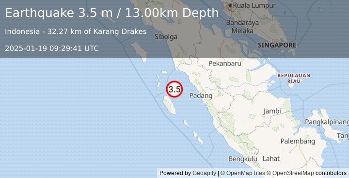 Earthquake SOUTHERN SUMATRA, INDONESIA (3.5 m) (2025-01-19 09:29:41 UTC)