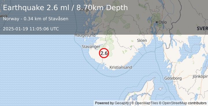 Earthquake SOUTHERN NORWAY (2.6 ml) (2025-01-19 11:05:06 UTC)