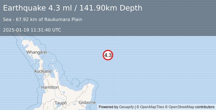 Earthquake OFF E. COAST OF N. ISLAND, N.Z. (4.3 ml) (2025-01-19 11:31:40 UTC)