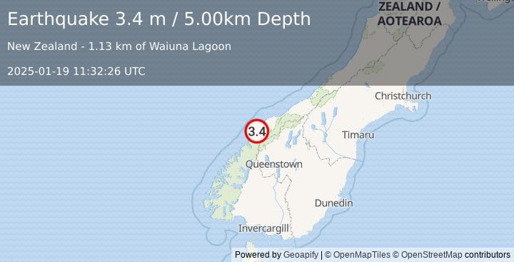 Earthquake SOUTH ISLAND OF NEW ZEALAND (3.4 m) (2025-01-19 11:32:26 UTC)