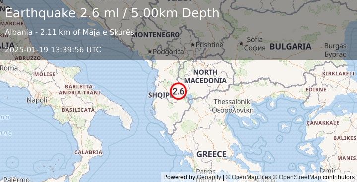 Earthquake ALBANIA (2.5 ml) (2025-01-19 13:39:56 UTC)