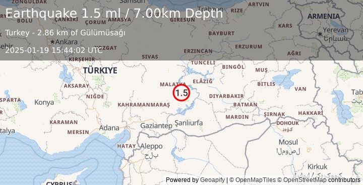 Earthquake EASTERN TURKEY (1.5 ml) (2025-01-19 15:44:02 UTC)