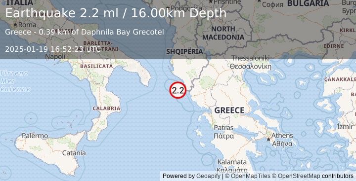 Earthquake KERKIRA REGION, GREECE (2.2 ml) (2025-01-19 16:52:23 UTC)