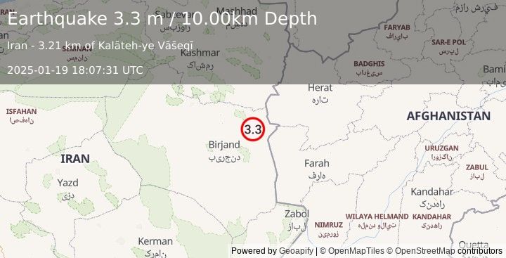 Earthquake EASTERN IRAN (3.3 m) (2025-01-19 18:07:31 UTC)