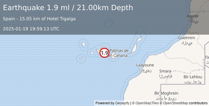 Earthquake CANARY ISLANDS, SPAIN REGION (1.9 ml) (2025-01-19 19:59:13 UTC)