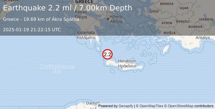 Earthquake CRETE, GREECE (2.2 ml) (2025-01-19 21:22:15 UTC)