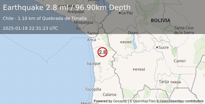 Earthquake TARAPACA, CHILE (2.8 ml) (2025-01-19 22:31:23 UTC)