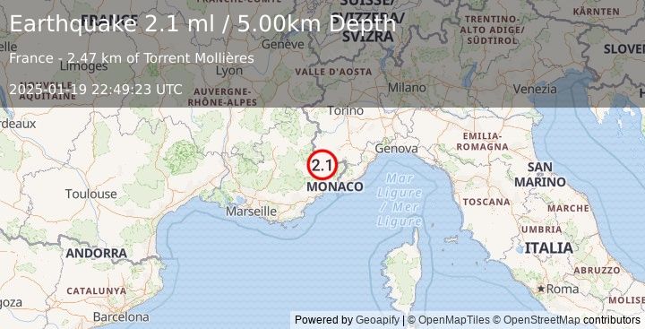 Earthquake NORTHERN ITALY (2.1 ml) (2025-01-19 22:49:23 UTC)