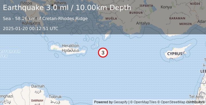 Earthquake DODECANESE ISLANDS, GREECE (3.0 ml) (2025-01-20 00:12:51 UTC)