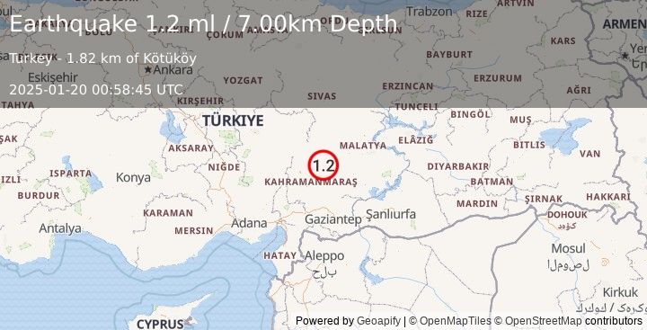 Earthquake CENTRAL TURKEY (1.2 ml) (2025-01-20 00:58:45 UTC)