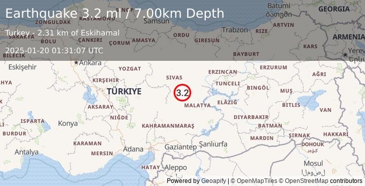 Earthquake CENTRAL TURKEY (3.2 ml) (2025-01-20 01:31:07 UTC)