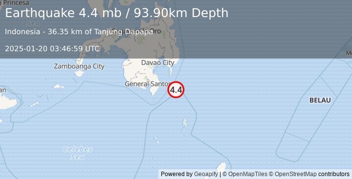 Earthquake MINDANAO, PHILIPPINES (4.4 mb) (2025-01-20 03:46:59 UTC)