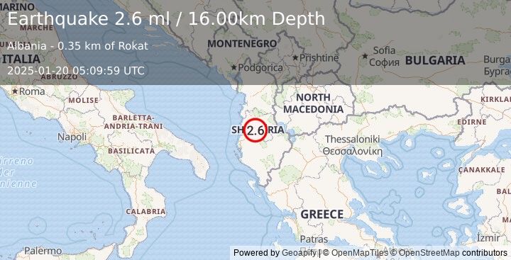 Earthquake ALBANIA (2.6 ml) (2025-01-20 05:10:01 UTC)