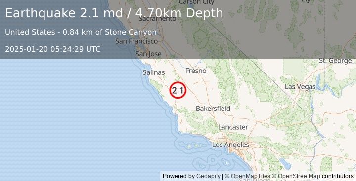 Earthquake CENTRAL CALIFORNIA (2.1 md) (2025-01-20 05:24:29 UTC)