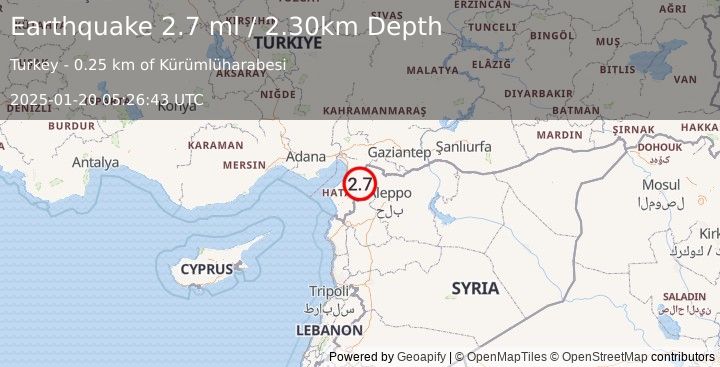 Earthquake TURKEY-SYRIA BORDER REGION (2.7 ml) (2025-01-20 05:26:43 UTC)