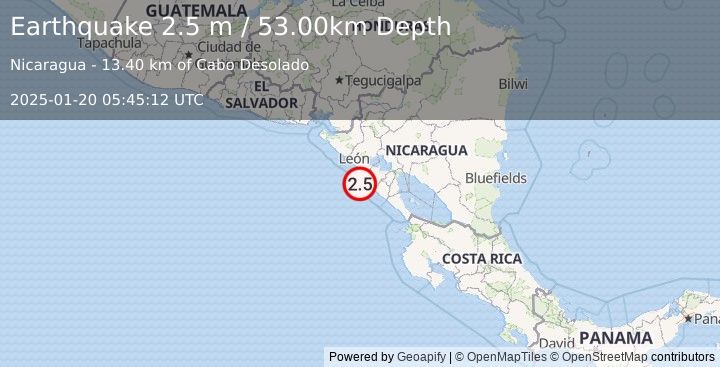 Earthquake NEAR COAST OF NICARAGUA (2.5 m) (2025-01-20 05:45:12 UTC)