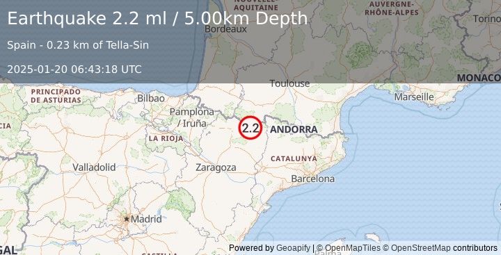 Earthquake PYRENEES (2.2 ml) (2025-01-20 06:43:18 UTC)