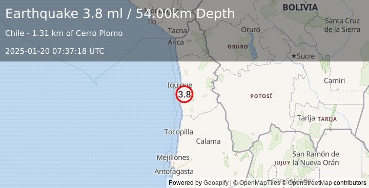 Earthquake TARAPACA, CHILE (3.8 ml) (2025-01-20 07:37:17 UTC)