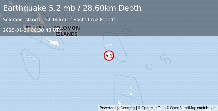 Earthquake SANTA CRUZ ISLANDS (5.2 mb) (2025-01-20 08:38:43 UTC)