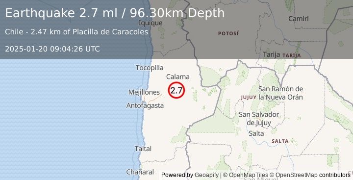 Earthquake ANTOFAGASTA, CHILE (2.7 ml) (2025-01-20 09:04:26 UTC)