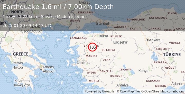 Earthquake WESTERN TURKEY (1.6 ml) (2025-01-20 09:14:17 UTC)