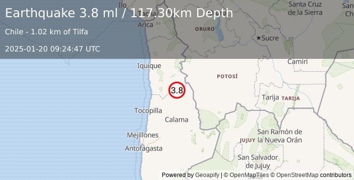 Earthquake TARAPACA, CHILE (3.8 ml) (2025-01-20 09:24:48 UTC)