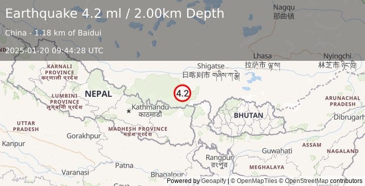 Earthquake WESTERN XIZANG (3.9 ml) (2025-01-20 09:44:38 UTC)