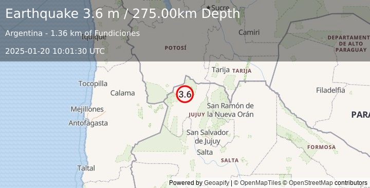 Earthquake JUJUY, ARGENTINA (3.6 m) (2025-01-20 10:01:30 UTC)