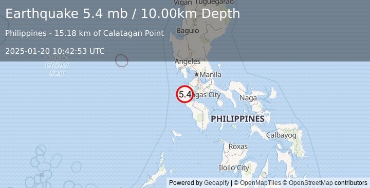 Earthquake MINDORO, PHILIPPINES (5.3 mb) (2025-01-20 10:43:01 UTC)