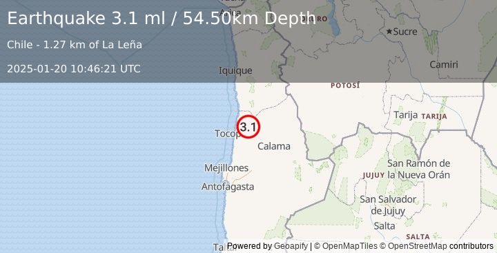 Earthquake ANTOFAGASTA, CHILE (3.1 ml) (2025-01-20 10:46:21 UTC)