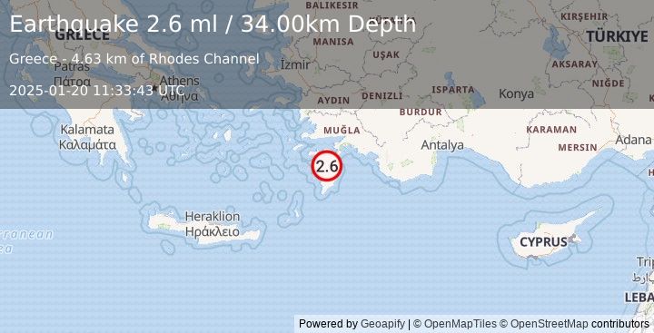 Earthquake DODECANESE IS.-TURKEY BORDER REG (2.6 ml) (2025-01-20 11:33:43 UTC)