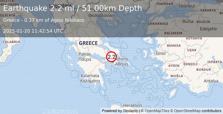 Earthquake GREECE (2.2 ml) (2025-01-20 11:42:54 UTC)