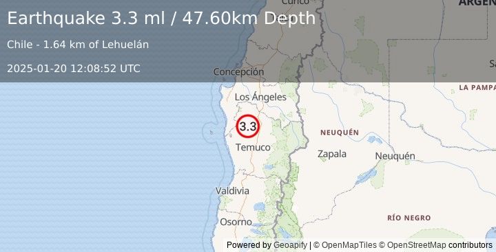 Earthquake ARAUCANIA, CHILE (3.3 ml) (2025-01-20 12:08:52 UTC)