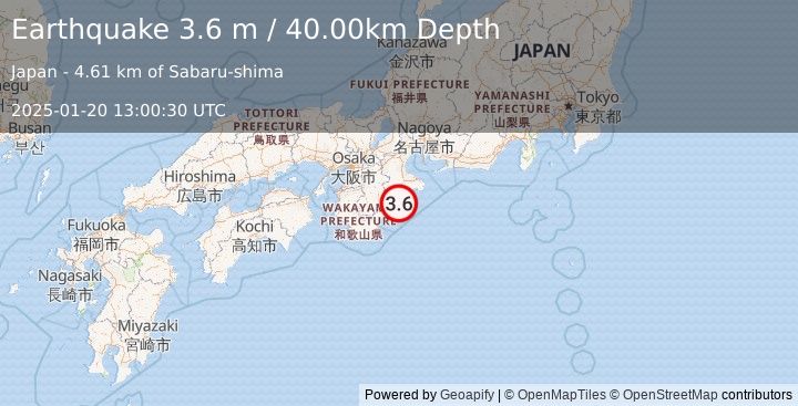 Earthquake WESTERN HONSHU, JAPAN (3.6 m) (2025-01-20 13:00:30 UTC)