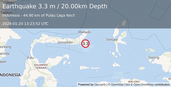 Earthquake MINAHASA, SULAWESI, INDONESIA (3.3 m) (2025-01-20 13:23:52 UTC)