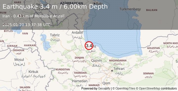 Earthquake NEAR THE COAST OF NORTHERN IRAN (3.4 m) (2025-01-20 13:37:38 UTC)