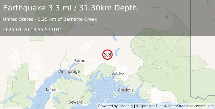 Earthquake SOUTHERN ALASKA (3.3 ml) (2025-01-20 13:55:57 UTC)