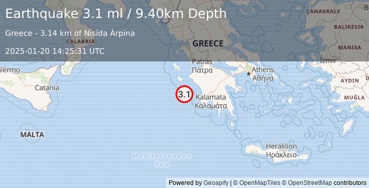 Earthquake IONIAN SEA (3.1 ml) (2025-01-20 14:25:31 UTC)