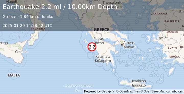 Earthquake SOUTHERN GREECE (2.2 ml) (2025-01-20 14:28:42 UTC)