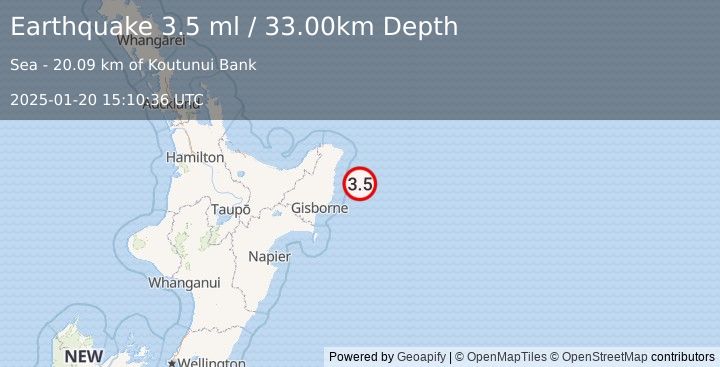 Earthquake OFF E. COAST OF N. ISLAND, N.Z. (3.5 ml) (2025-01-20 15:10:36 UTC)