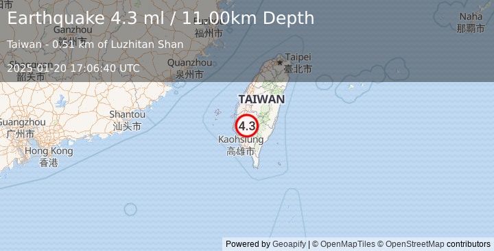 Earthquake TAIWAN (4.3 ml) (2025-01-20 17:06:40 UTC)