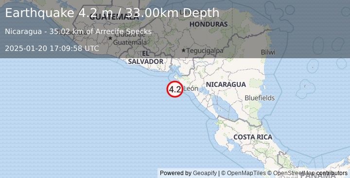 Earthquake NEAR COAST OF NICARAGUA (4.2 m) (2025-01-20 17:09:58 UTC)