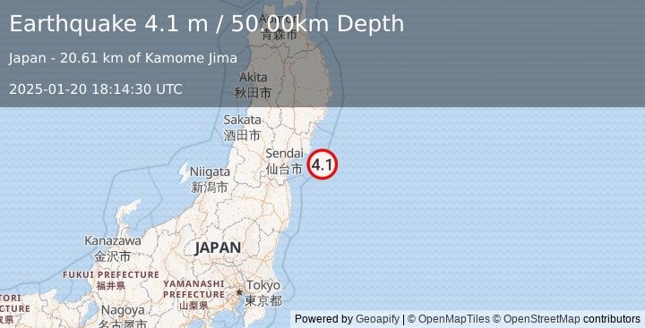 Earthquake NEAR EAST COAST OF HONSHU, JAPAN (4.1 m) (2025-01-20 18:14:30 UTC)