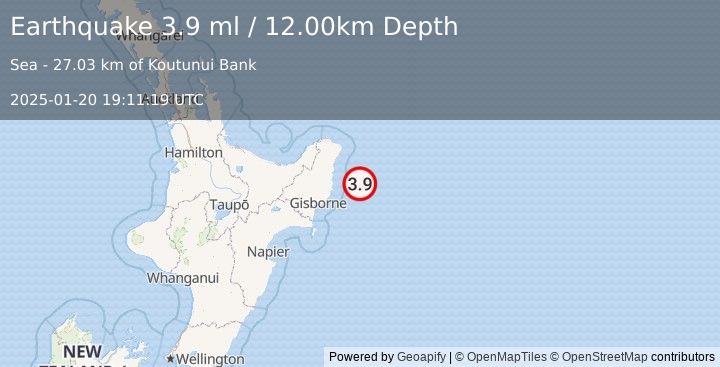 Earthquake OFF E. COAST OF N. ISLAND, N.Z. (3.9 ml) (2025-01-20 19:11:19 UTC)