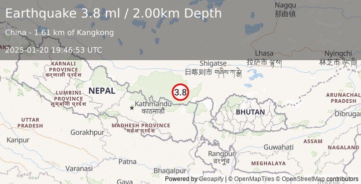 Earthquake WESTERN XIZANG (3.7 ml) (2025-01-20 19:46:54 UTC)