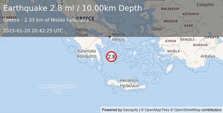 Earthquake SOUTHERN GREECE (2.8 ml) (2025-01-20 20:42:25 UTC)